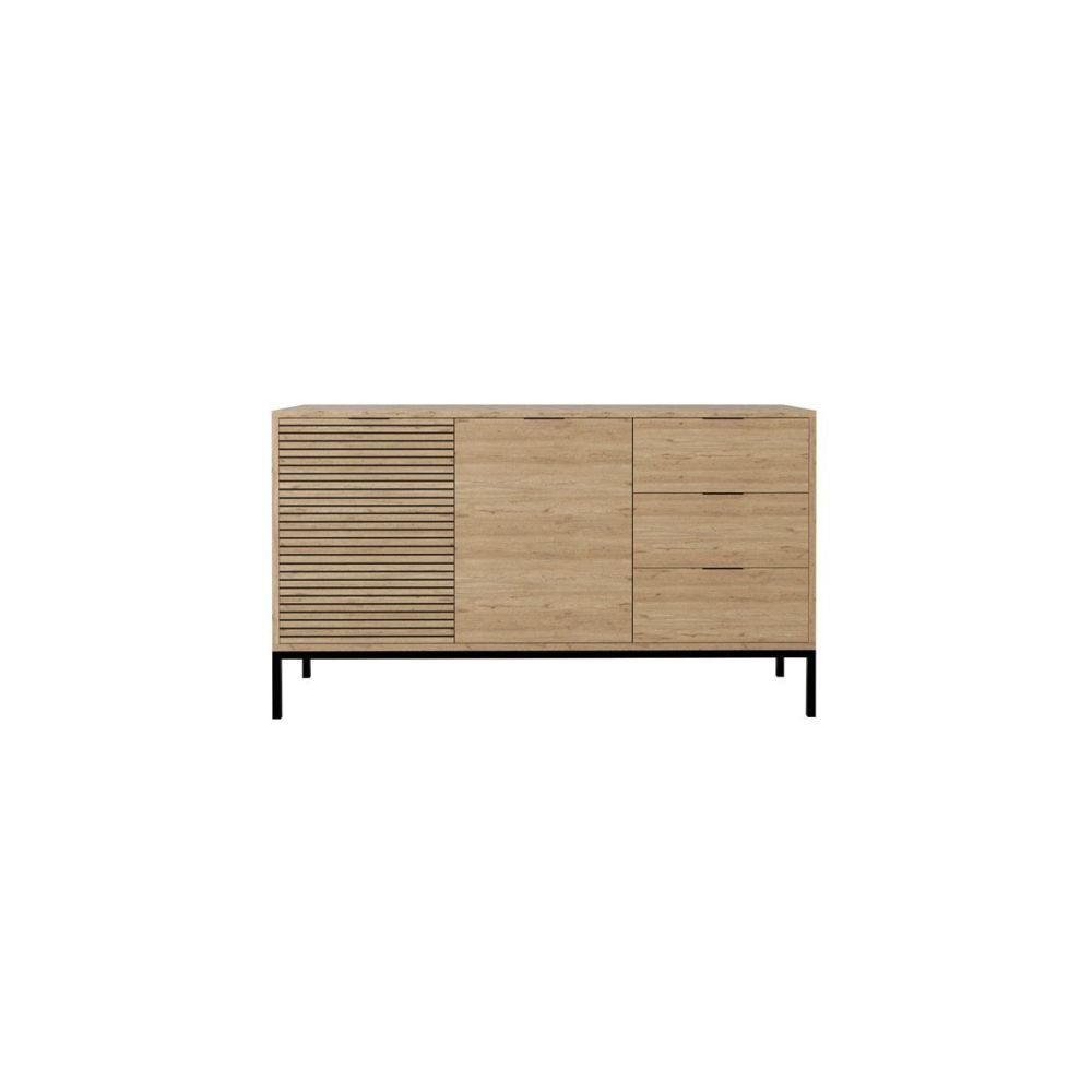 Buffet en Melamina Roble con Patas Metálicas Negras, 140x40x80 Cm.