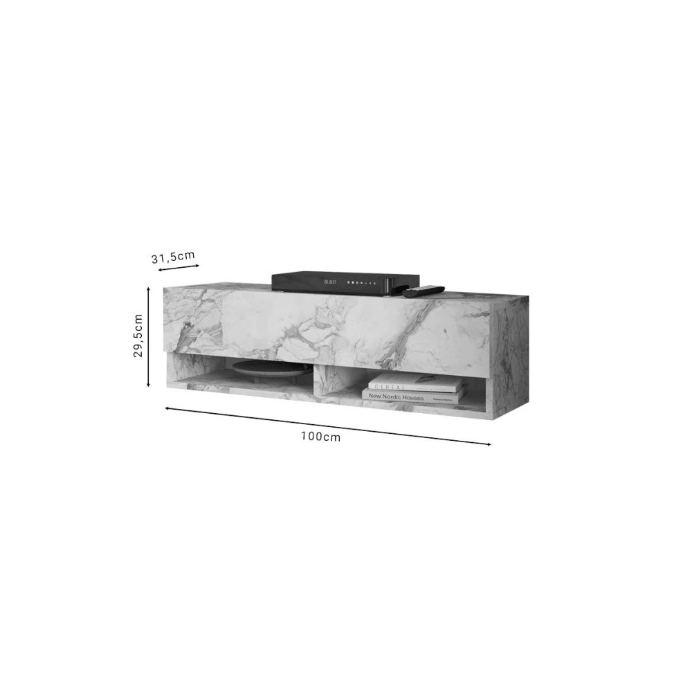 Mueble TV Moderno con 1 Puerta y Estantes en Melamina Color Mármol Marfil - 100x31.5x29.6cm