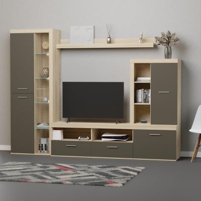 Mueble de Salón Moderno con Leds, Acabado en Cambria - Grafito, Medidas: 260 cm (An) x 191 cm (Al) 47,5 cm (Fon) Meyvaser