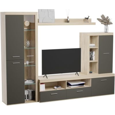 Mueble de Salón Moderno con Leds, Acabado en Cambria - Grafito, Medidas: 260 cm (An) x 191 cm (Al) 47,5 cm (Fon) Meyvaser