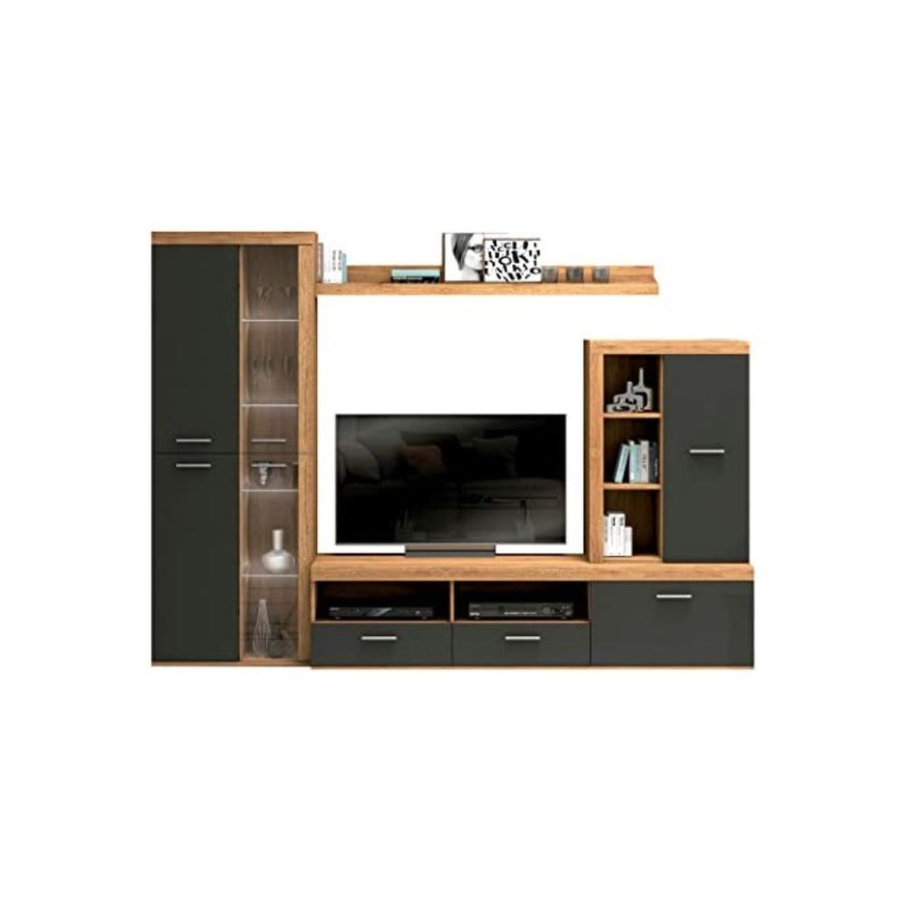 Mueble de Salón Moderno con Leds, Acabado en Cambria - Grafito, Medidas: 260 cm (An) x 191 cm (Al) 47,5 cm (Fon) Meyvaser