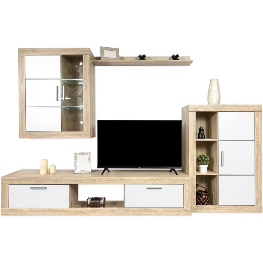 Meyvaser Mueble de salón y TV Moderno con Leds Color Cambria y Blanco Módulo de Comedor 259 Cm