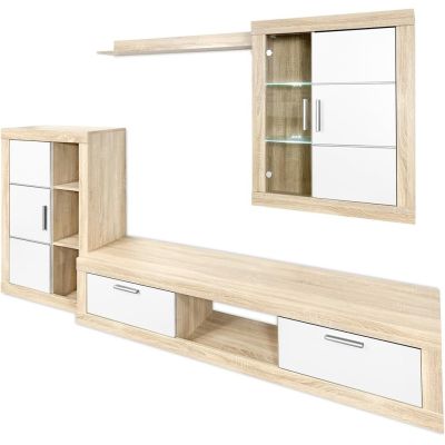 Meyvaser Mueble de salón y TV Moderno con Leds Color Cambria y Blanco Módulo de Comedor 259 Cm