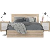 Mesita de Noche, Mesilla de Dormitorio, Acabado en Color Cambria y Blanco, Medidas: 50 cm (Lar) x 34,6 cm (Fon) x 60 cm (Al)