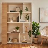 Conjunto de Salón Mueble Completo: Bajo TV, Vitrina, Estantería Decorativa y 2 Estantes - Estilo Roble y Blanco.