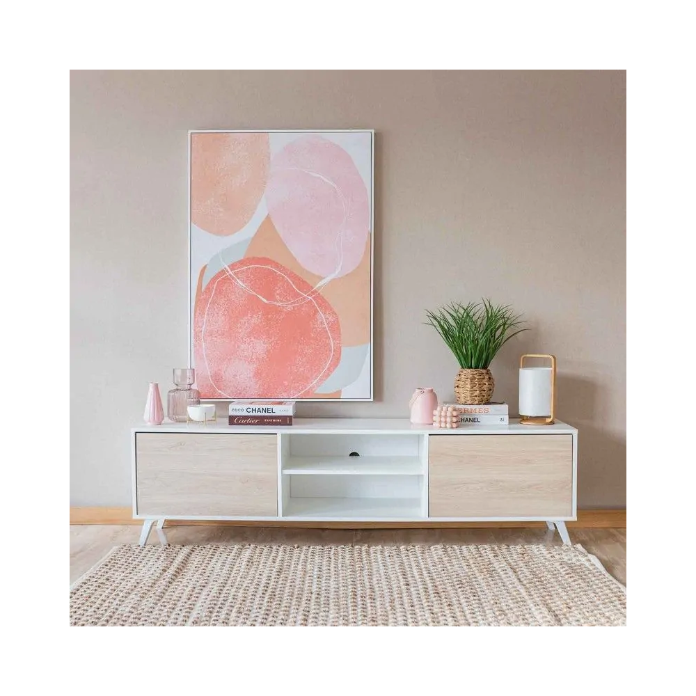 Mueble de TV de Diseño Nórdico + 2 Estantes, 2 Estantes y 2 Puertas,Cambrian-Blanco, 49cm(Al) x 180cm (Anc) x 40cm (Fon)