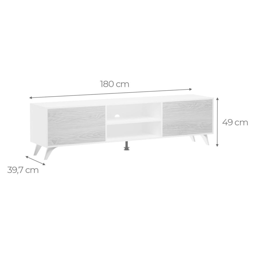 Mueble de TV de Diseño Nórdico + 2 Estantes, 2 Estantes y 2 Puertas,Cambrian-Blanco, 49cm(Al) x 180cm (Anc) x 40cm (Fon)