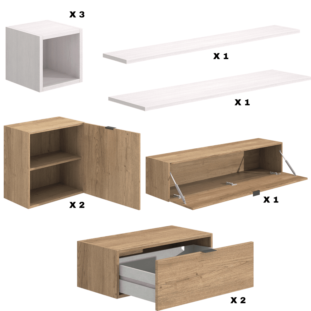 Meyvaser Mueble de salón y TV Conjunto muebles de salón apilable 270 Cm Ancho Color madera y blanco