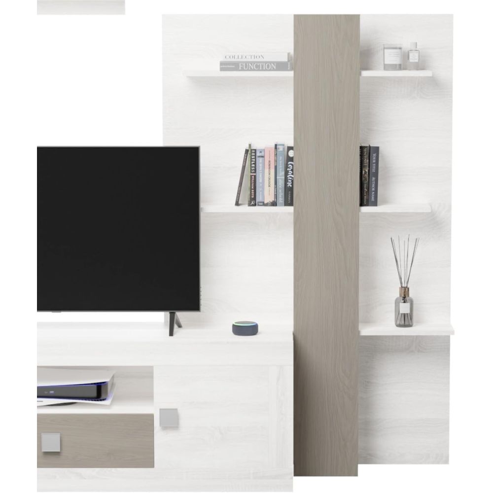 Mueble de Salón Moderno con Leds, Acabado en Andersen Pino -Gris, Medidas: 300 cm (Anc) x 200 cm (Al) 40 cm (Fon)