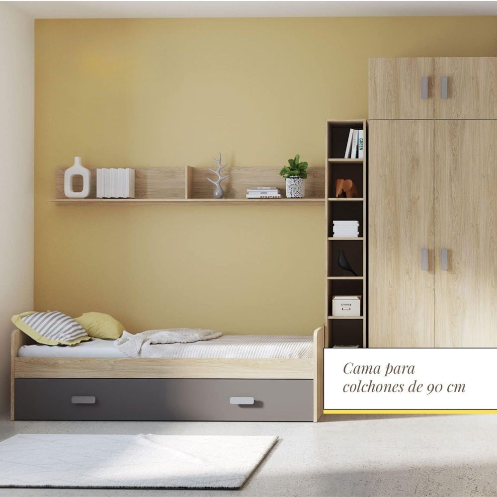 Cama Nido de Melamina Color Puccini Grafito – Ancho 194,4 cm x Fondo 98 cm x Alto 58 cm, Ideal para Habitaciones Juveniles.