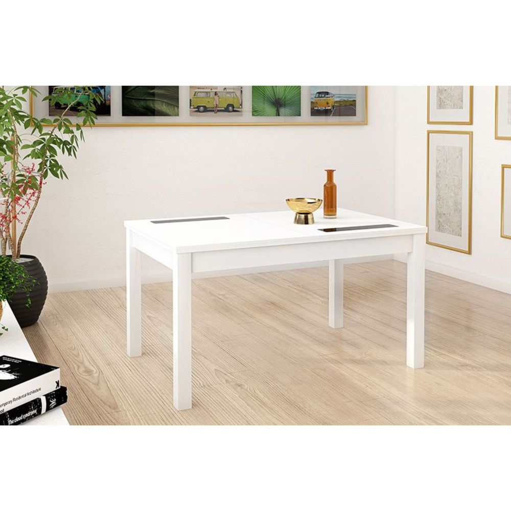 Mesa Comedor, Mesa de salón Extensible, Acabado en Color Blanco, Medidas: 140-180 cm (Largo) x 90 cm (Ancho) x 75 cm (Alto)