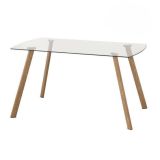 Mesa de Comedor Nórdica | Diseño con Tapa de Cristal Transparente y Patas de Metal Color Roble | Dimensiones: 140 x 80 x 76 cm