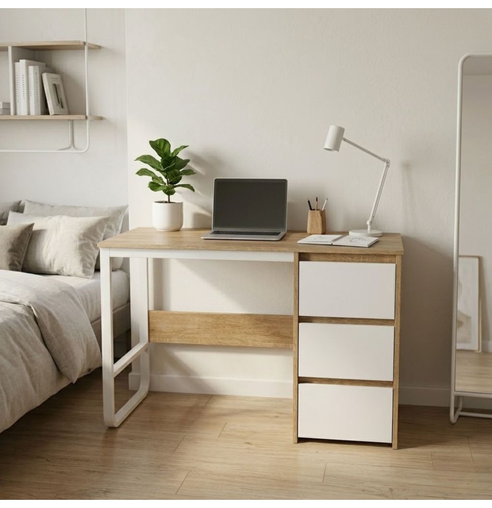 Escritorio Oficina 120 cm con 3 Cajones, Mesa de Ordenador Moderna, Tablero MDF y Melamina, Color Sonoma/Blanco, 120x48x74 cm