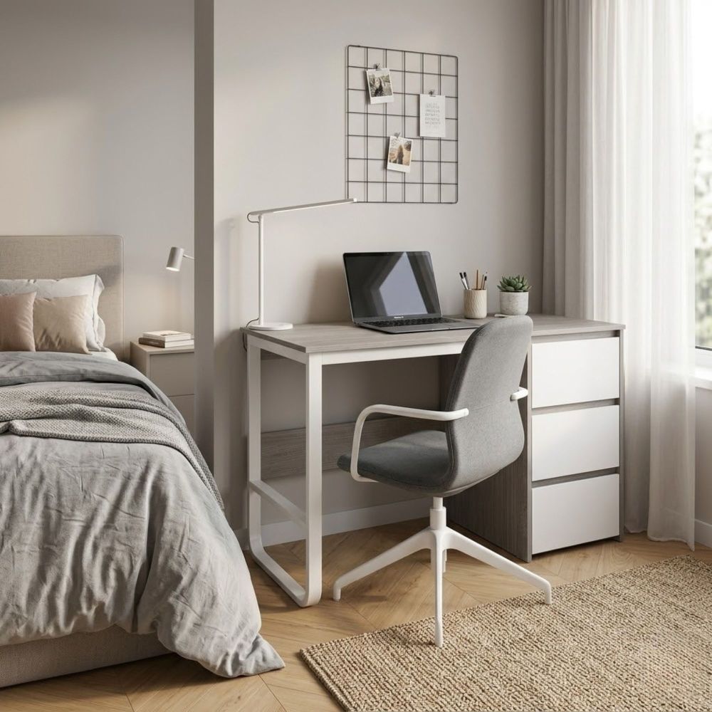 Escritorio Oficina 120 cm con 3 Cajones, Mesa de Ordenador Moderna, Tablero MDF y Melamina, Gris/Blanco, 120x48x74 cm