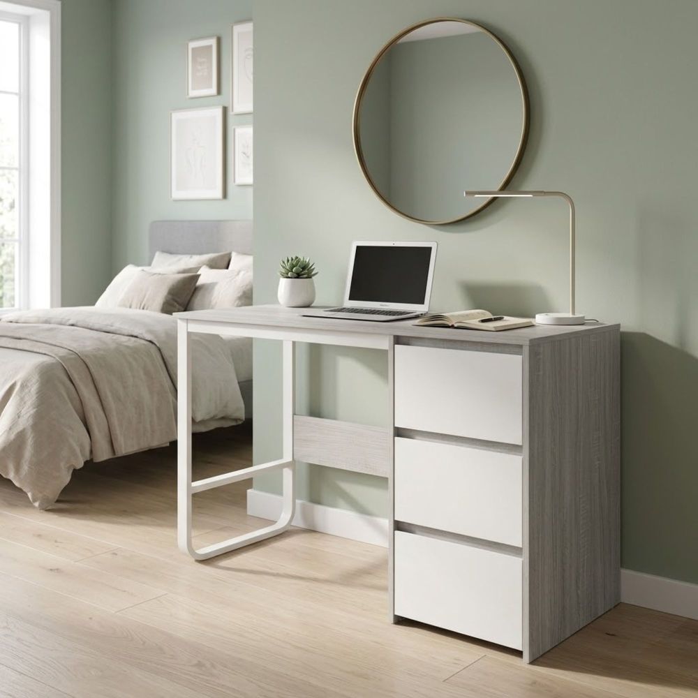 Escritorio Oficina 120 cm con 3 Cajones, Mesa de Ordenador Moderna, Tablero MDF y Melamina, Gris/Blanco, 120x48x74 cm