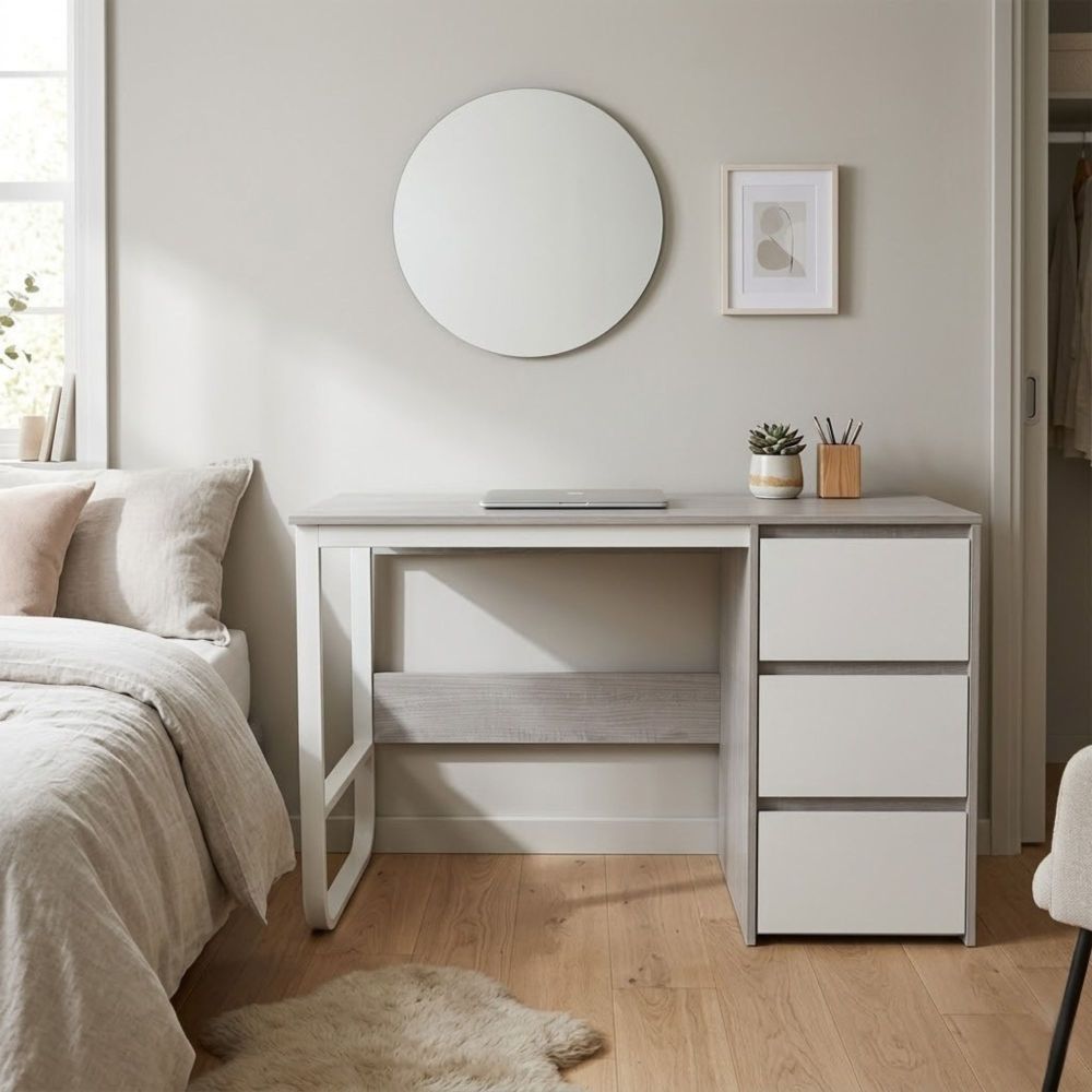 Escritorio Oficina 120 cm con 3 Cajones, Mesa de Ordenador Moderna, Tablero MDF y Melamina, Gris/Blanco, 120x48x74 cm
