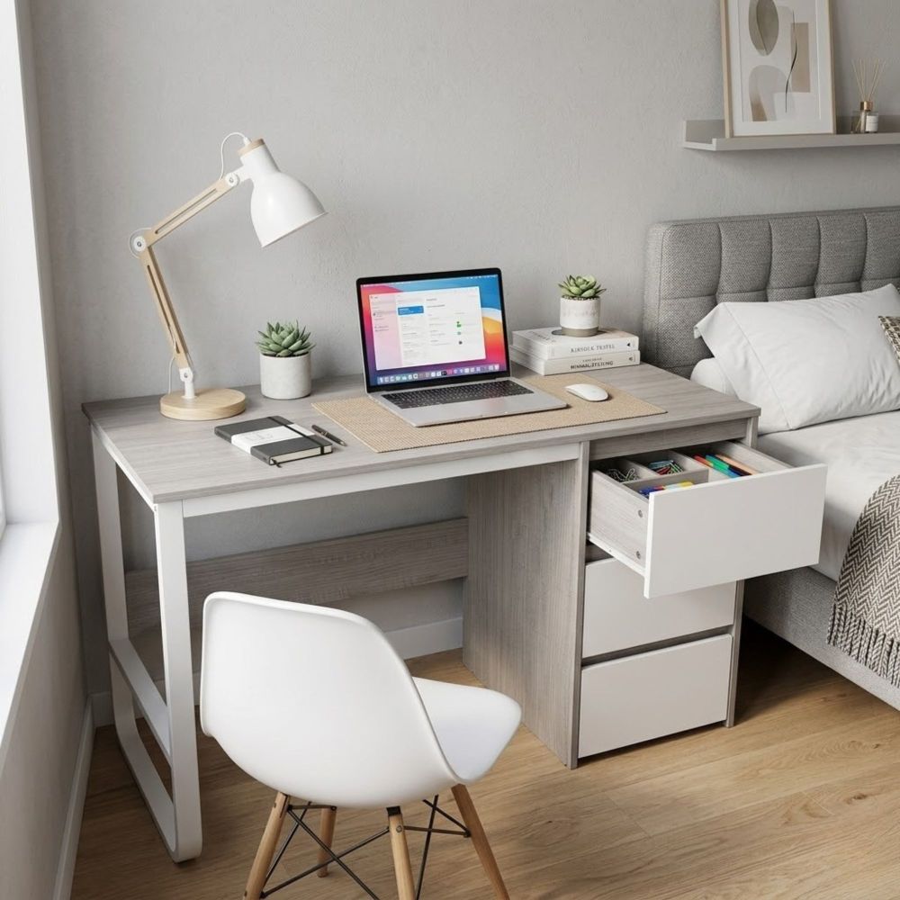 Escritorio Oficina 120 cm con 3 Cajones, Mesa de Ordenador Moderna, Tablero MDF y Melamina, Gris/Blanco, 120x48x74 cm